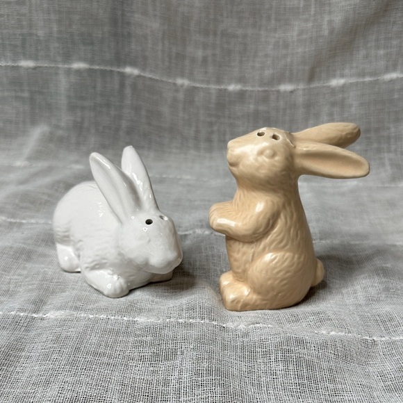 Ankyo Ceramic Bunny Rabbit Salt & Pepper Shakers Neutrals NWOT 3.5" & 4.25" Tall - Picture 1 of 13